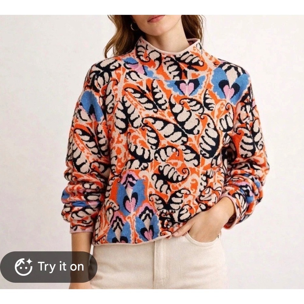 Maeve Anthropologie Mock Neck Paisley Jacquard Sweater Orange Blue Pink s boho d